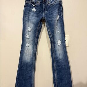 BKE Aiden Men's Size 26R Distressed Low Rise Bootcut Denim Jeans Dark Wash Blue